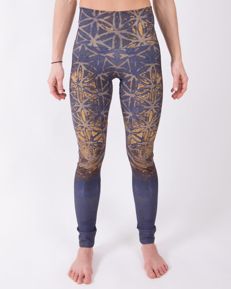 Image of Flower of Life Yoga Pants, Slate Blue & Gold