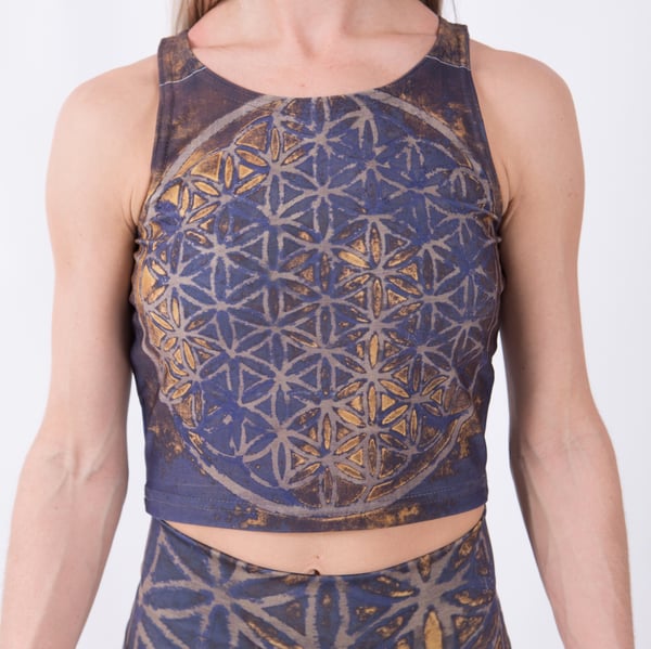 Image of Flower of Life Yoga Crop Top, Slate Blue & Gold