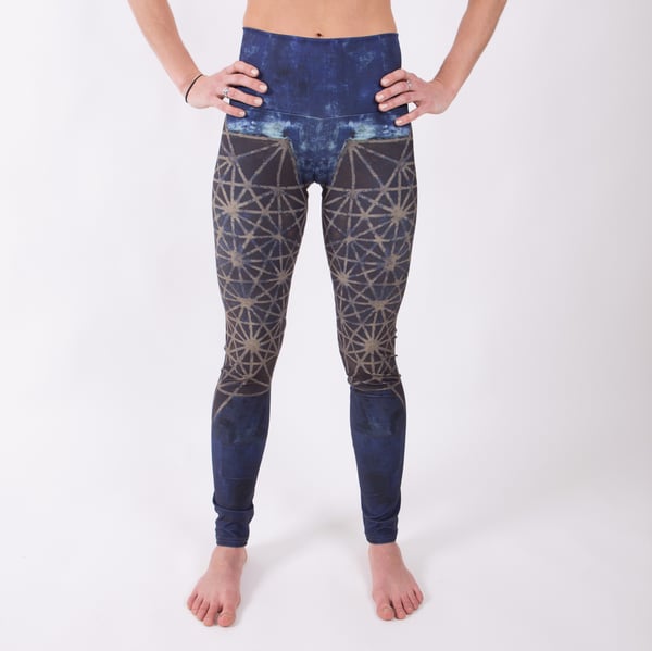 Image of 64 tetrahedron Yoga Pants, Deep Blue & Gold