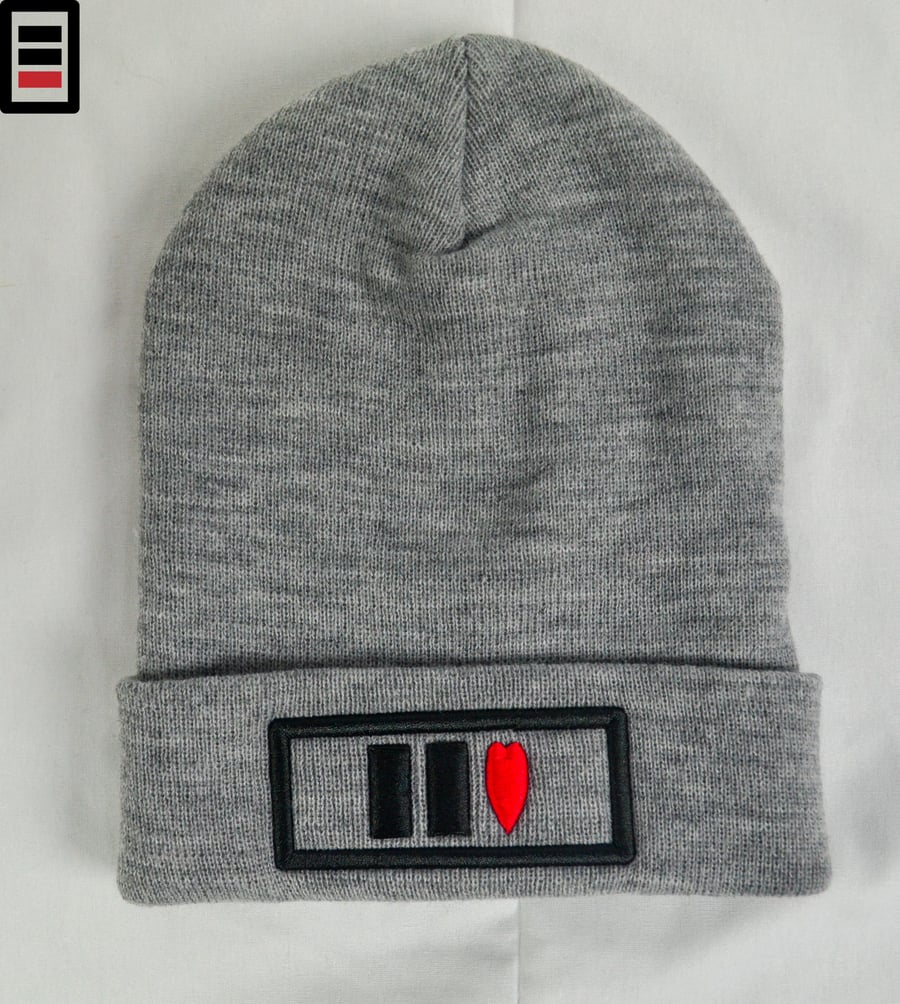 Image of Heather Grey Beanie Hearts ( black/red )