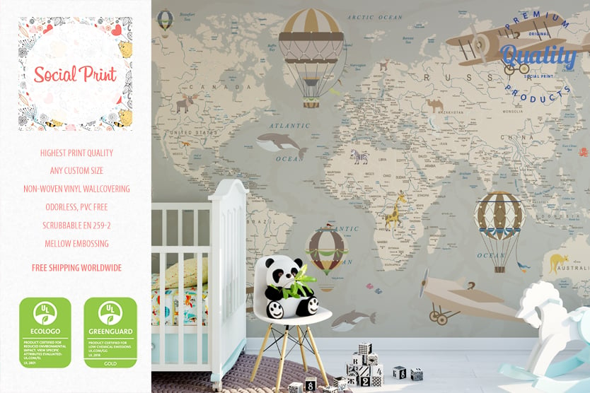 Image of Nursery World Map Wallpaper with Hot Air Balloons, Countries & Cities / FREE SHIPPING