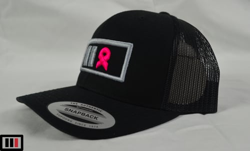 Image of Breast Cancer Awareness Black Trucker Hat ( grey/pink )