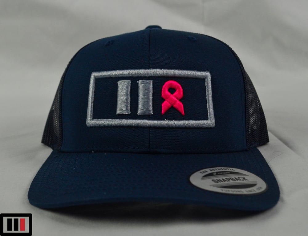 Image of Breast Cancer Awareness Navy Blue Trucker Hat ( grey/pink )