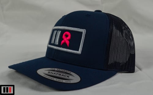 Image of Breast Cancer Awareness Navy Blue Trucker Hat ( grey/pink )