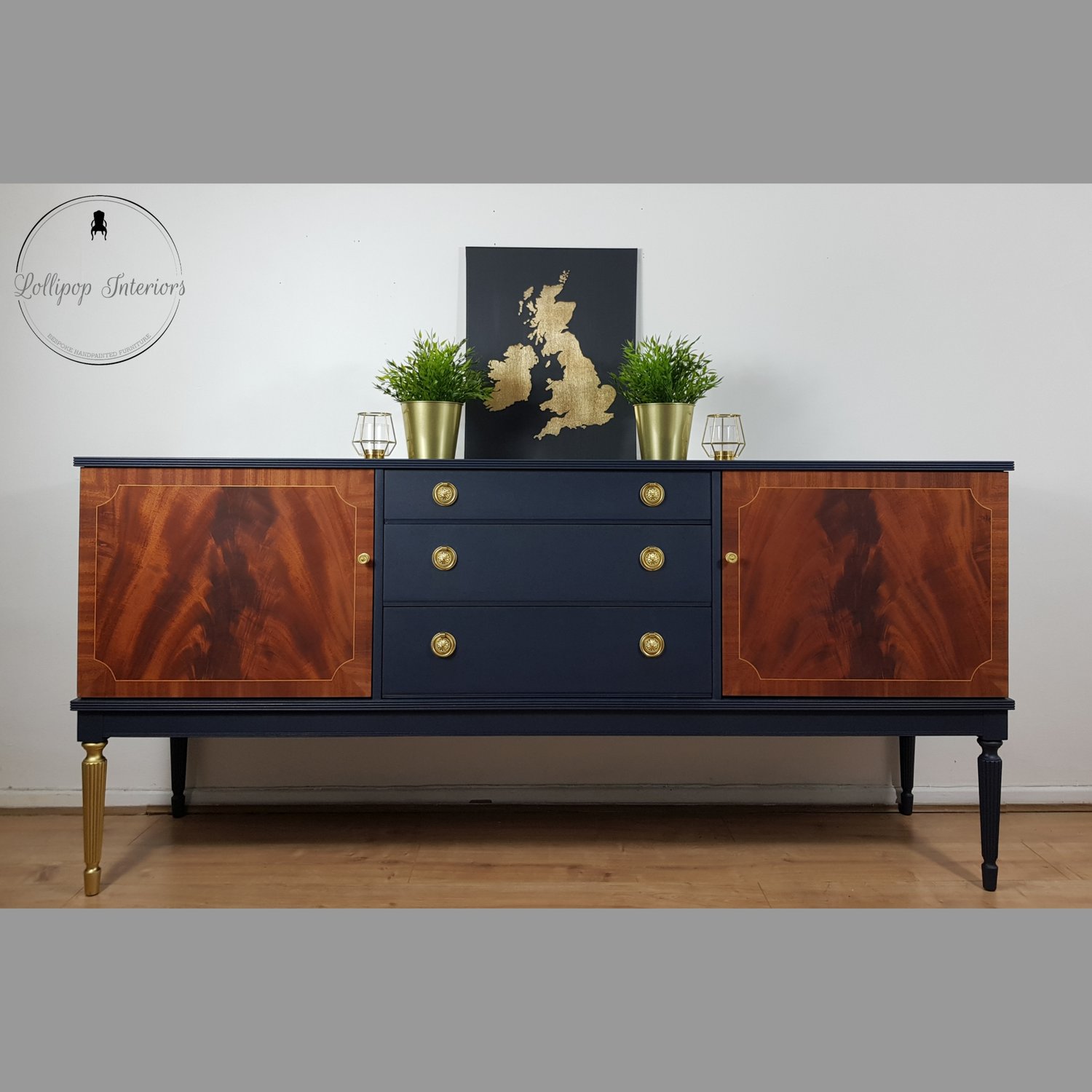 Image of Greaves and Thomas navy sideboard with oiled wooded doors and brass handles 