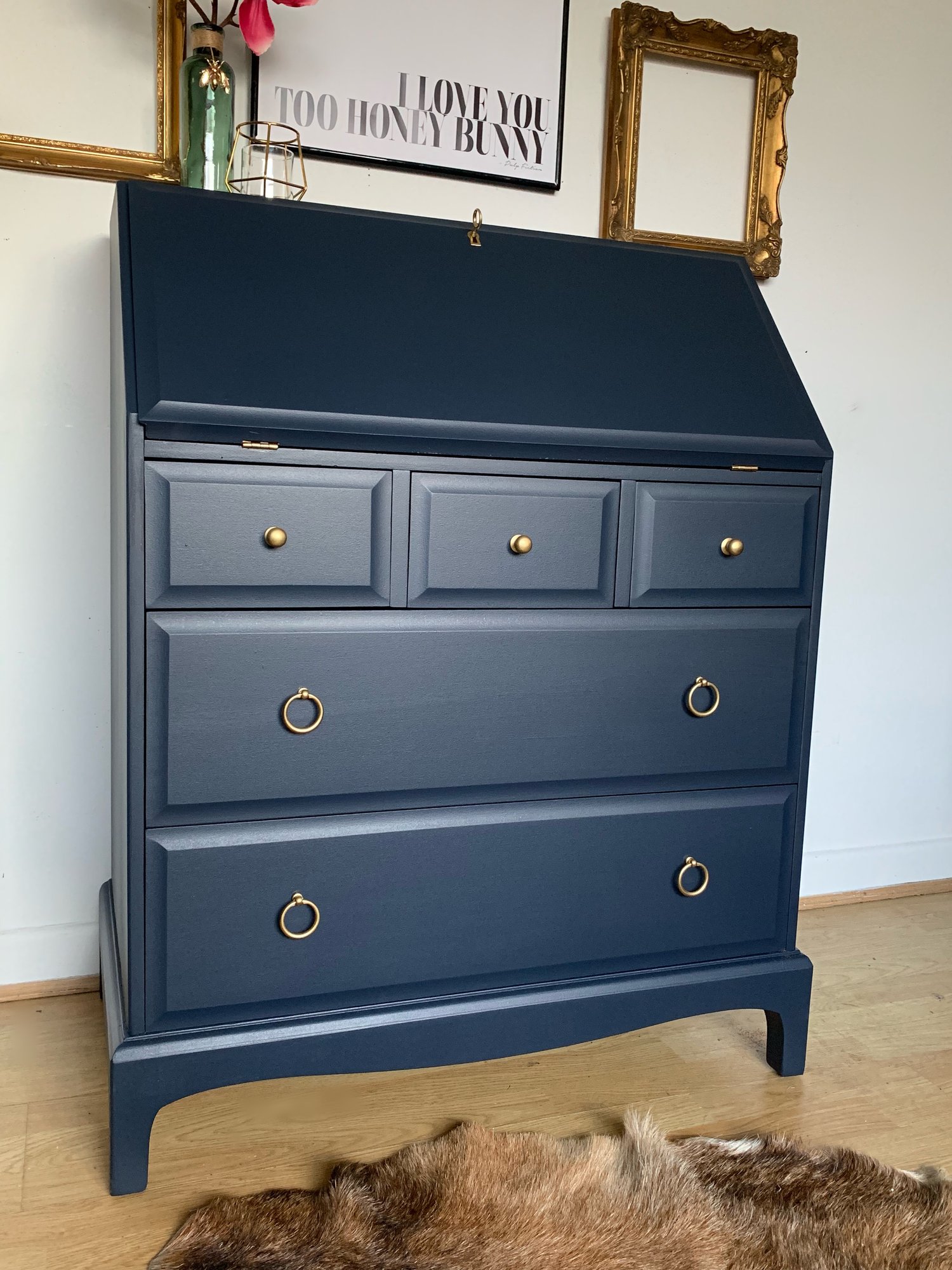 Image of Stunning dark blue bureau desk with key