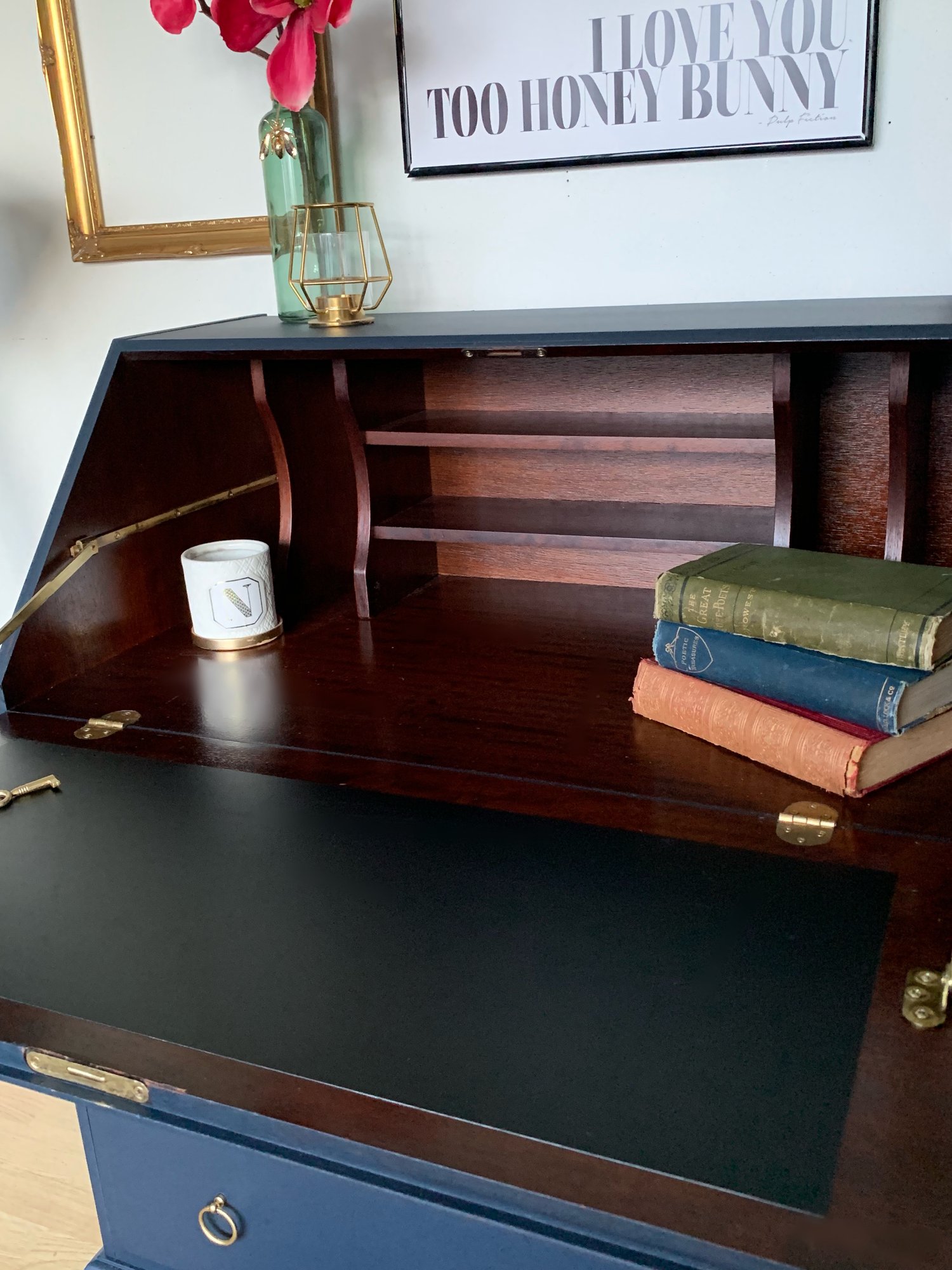 Image of Stunning dark blue bureau desk with key