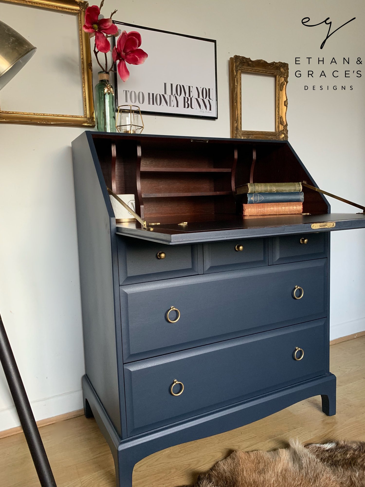 Image of Stunning dark blue bureau desk with key