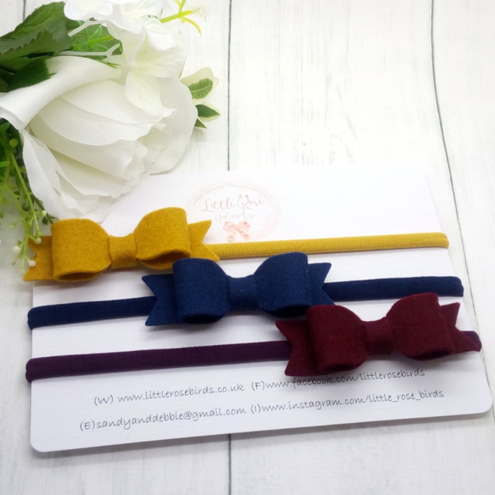 SET OF 3 Bows Mustard/Navy/Burgundy - Choice of Headbands or Clips