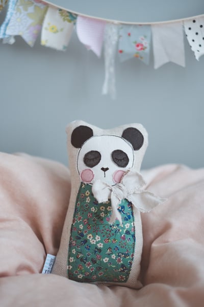Image of Panda in green floral liberty with natural linen bow