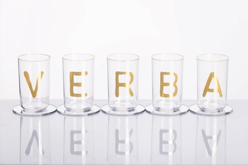 Image of VERBA water glass with Latin letter in gold