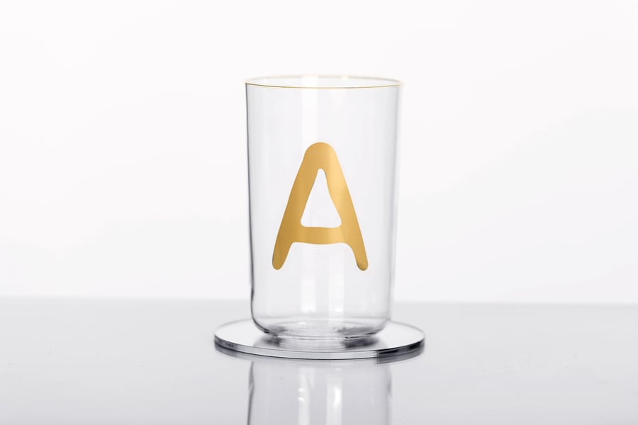 Image of VERBA water glass with Latin letter in gold