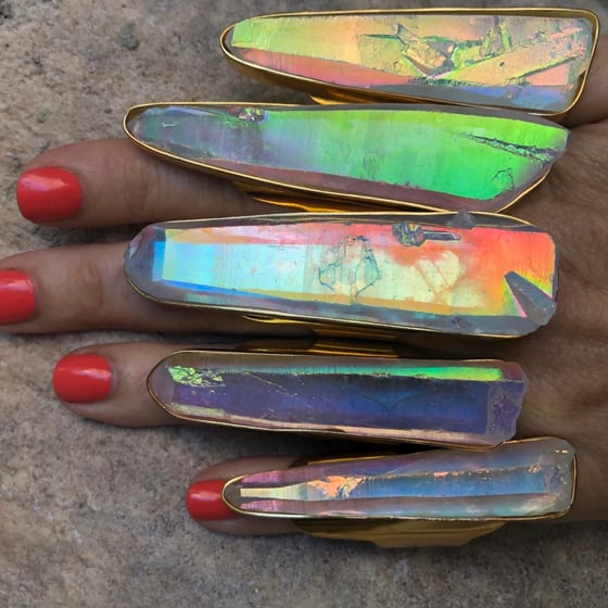 Image of Large angel aura lemurian quartz point rings 