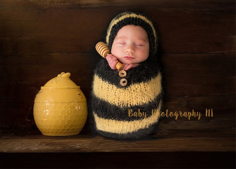 Image of Bumble Bee Snuggle Wrap with Hat - Newborn Wrap, Bee Cocoon/Snuggle sack- Newborn Props - Cocoon - B