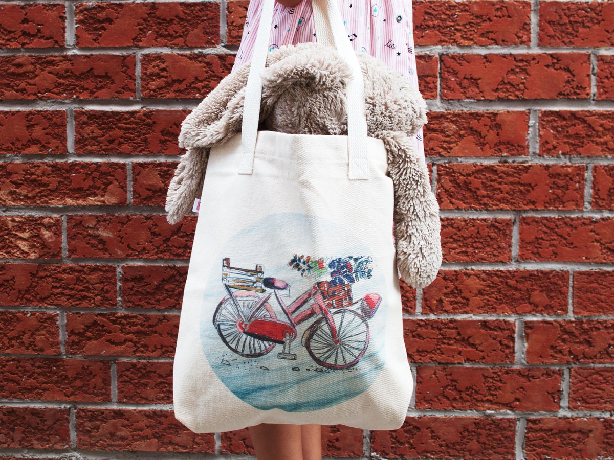Pink bike tote bag 2 Rabbits Art