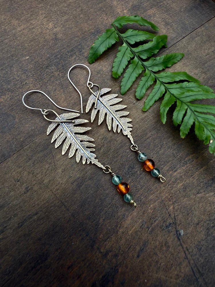 Image of Brass Licorice Ferns Apatite Amber Earrings