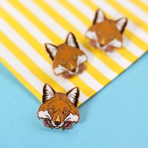 Image of Red Fox with flowers, hard enamel pin - fox pin - wildlife pin - lapel pin badge