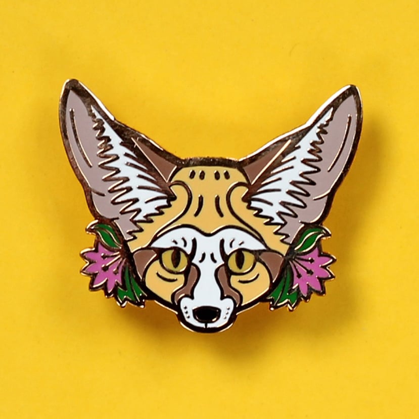 Image of Fennec Fox with flowers, hard enamel pin - desert fox - lapel pin badge