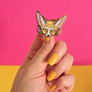 Image of Fennec Fox with flowers, hard enamel pin - desert fox - lapel pin badge