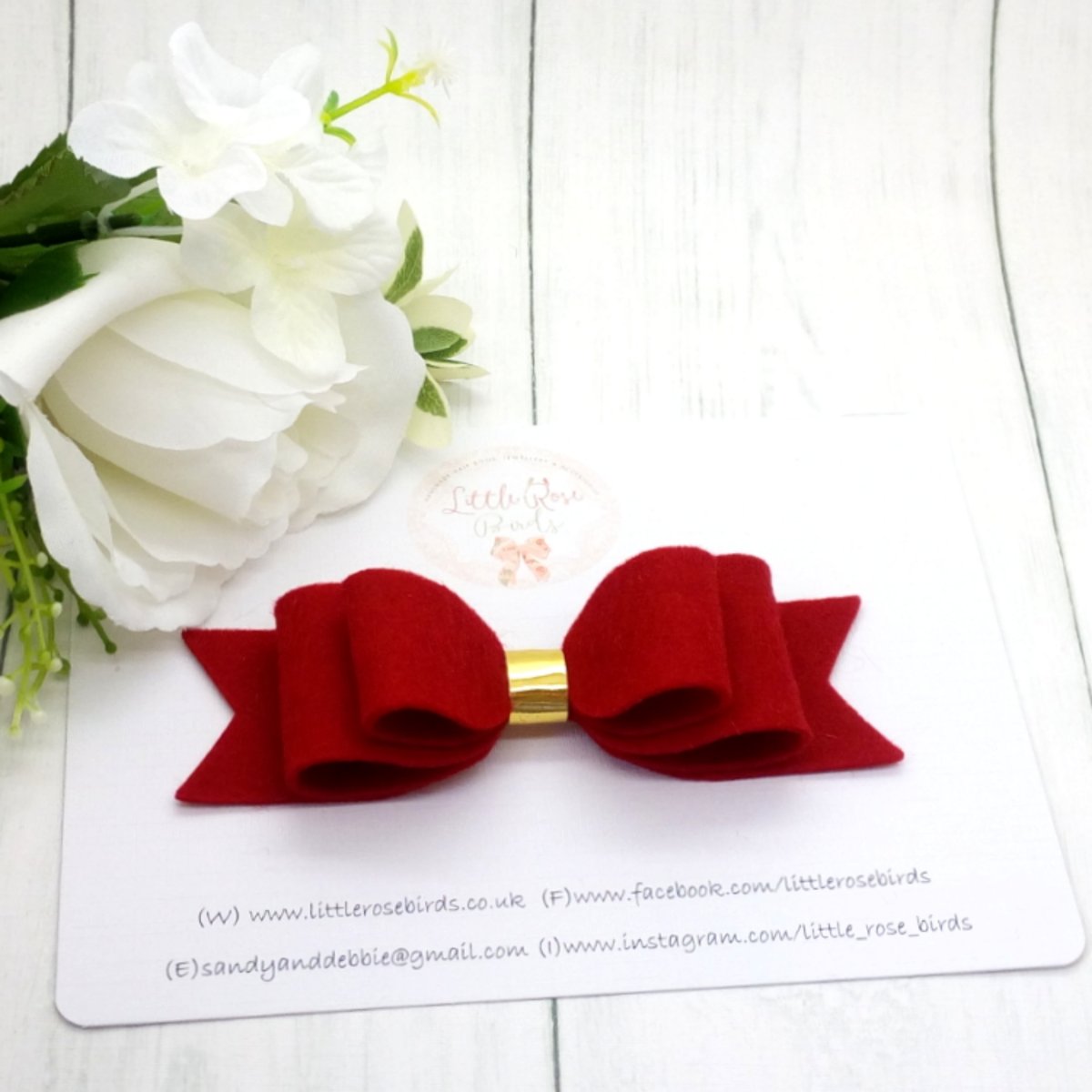 Image of Red (Deep Red) Felt Hair Bow on Headband or Clip