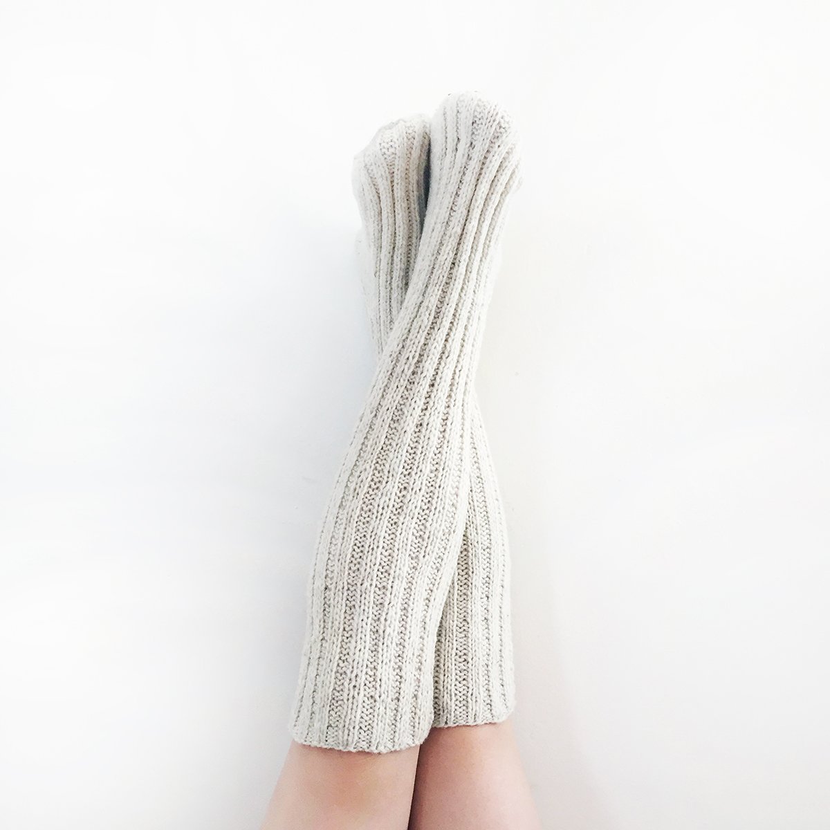 Over The Knee Socks Cream Pinstripes Merino Wool Blend