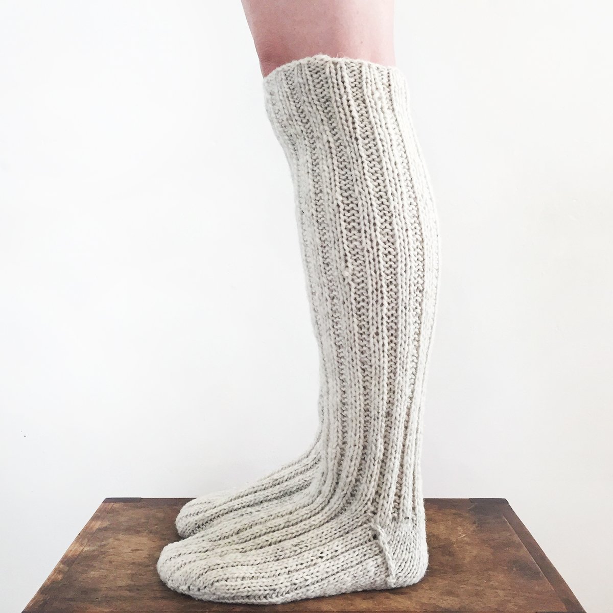 Over The Knee Socks Cream Pinstripes Merino Wool Blend