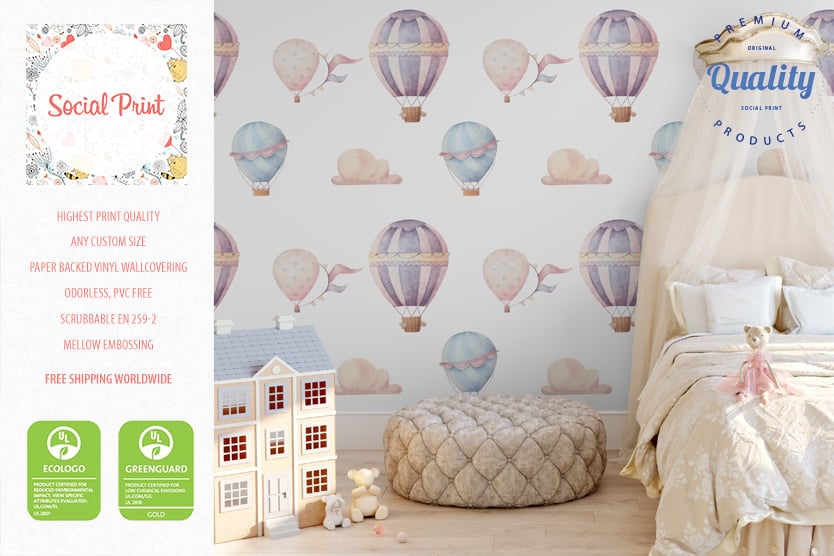 Image of Nursery Hot Air Balloons Wallpaper, Pastel Colors / FREE SHIPPING