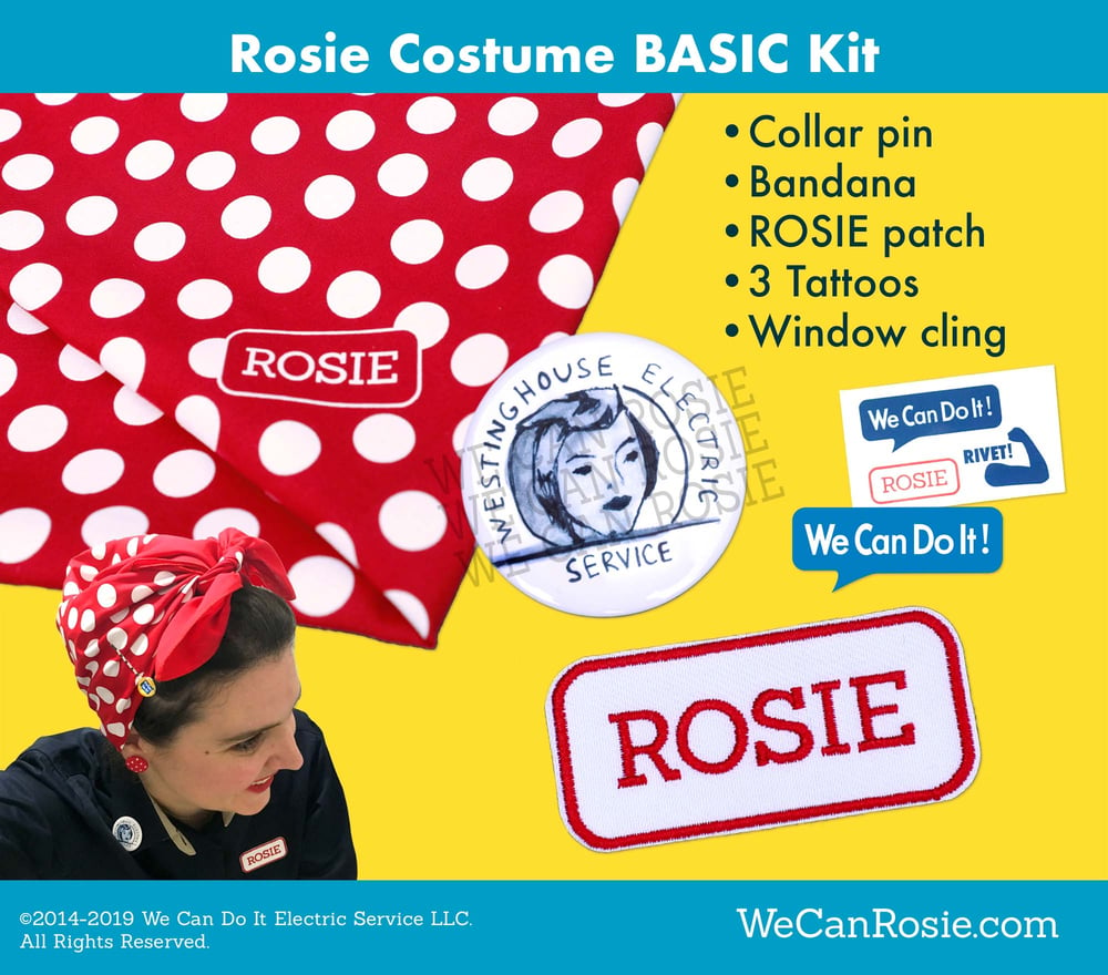 Image of Rosie the Riveter Headband Bandana, Collar Pin, Patch, Tattoos - BASIC Kit
