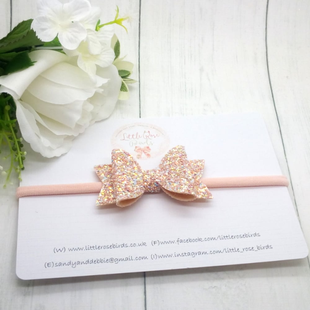 Image of Blush Pink Glitter Bow on Headband or Clip - Choice of Size