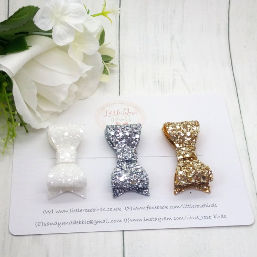 SET OF 3 Glitter Bows on Headbands or Clips - White/Silver/Gold