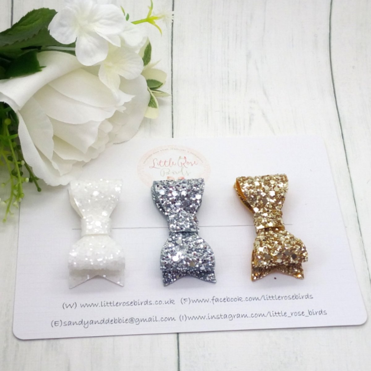Image of SET OF 3 Glitter Bows on Headbands or Clips - White/Silver/Gold