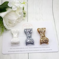 Image 1 of SET OF 3 Glitter Bows on Headbands or Clips - White/Silver/Gold