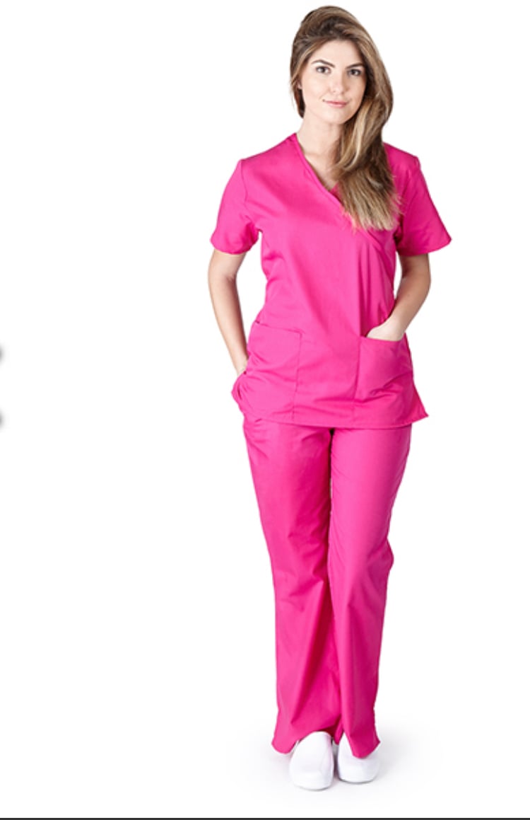 Women's Scrub Set: Mock Wrap Solid Top & Tapered Jogger Pant