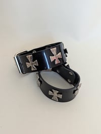 Image 3 of SAMPLE - Ghoulish Cross Bootstraps in shiny black PVC (One Size) 