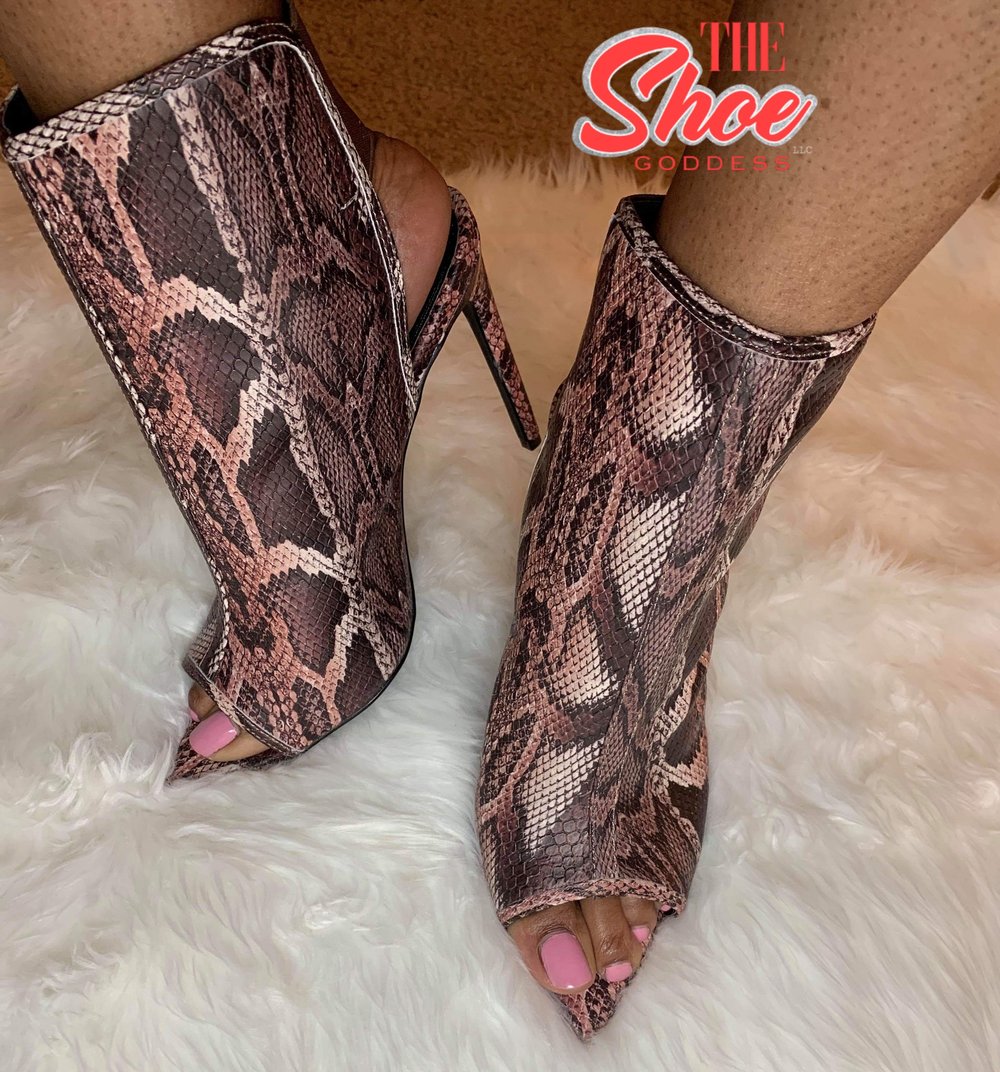 Snakeskin open toe booties Clearance
