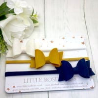 Image 1 of SET OF 3 White/Mustard/Navy Bows on Headbands or Clips 