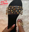 "Camela" Black gold studded slides