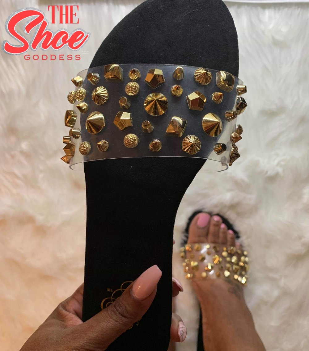 "Camela" Black gold studded slides