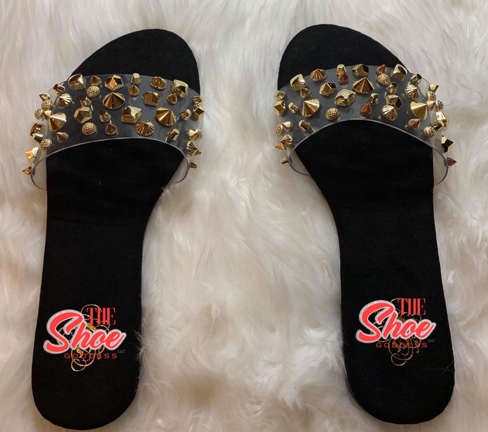"Camela" Black gold studded slides