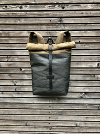 Image 2 of Vegan backpack in black Piñatex™ and field tan waxed canvas with roll to close top