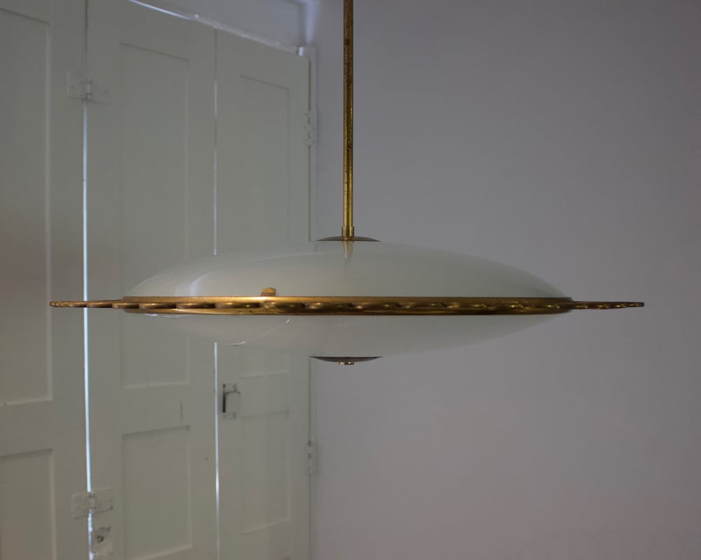 Image of  Italian Glass Pendant Light with Decorative Brass Frame