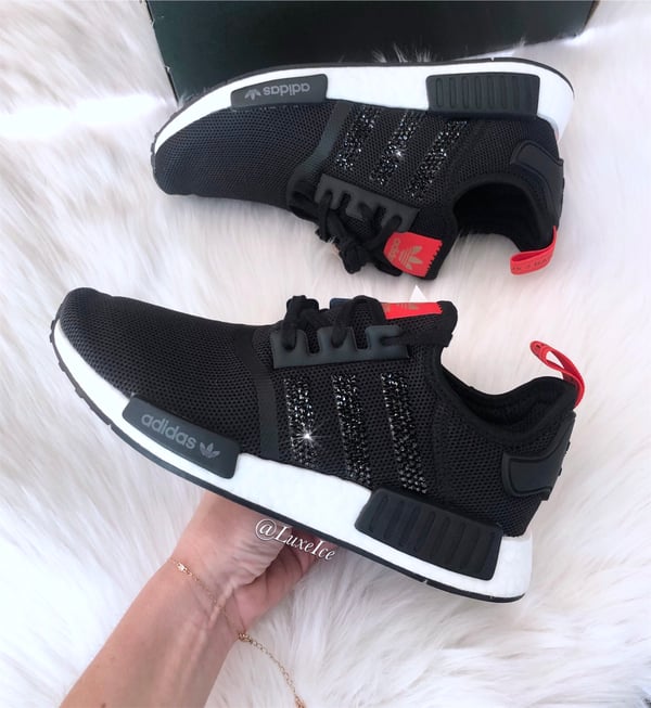 Image of Swarovski Adidas NMD R1 Black customized with Swarovski Crystals.