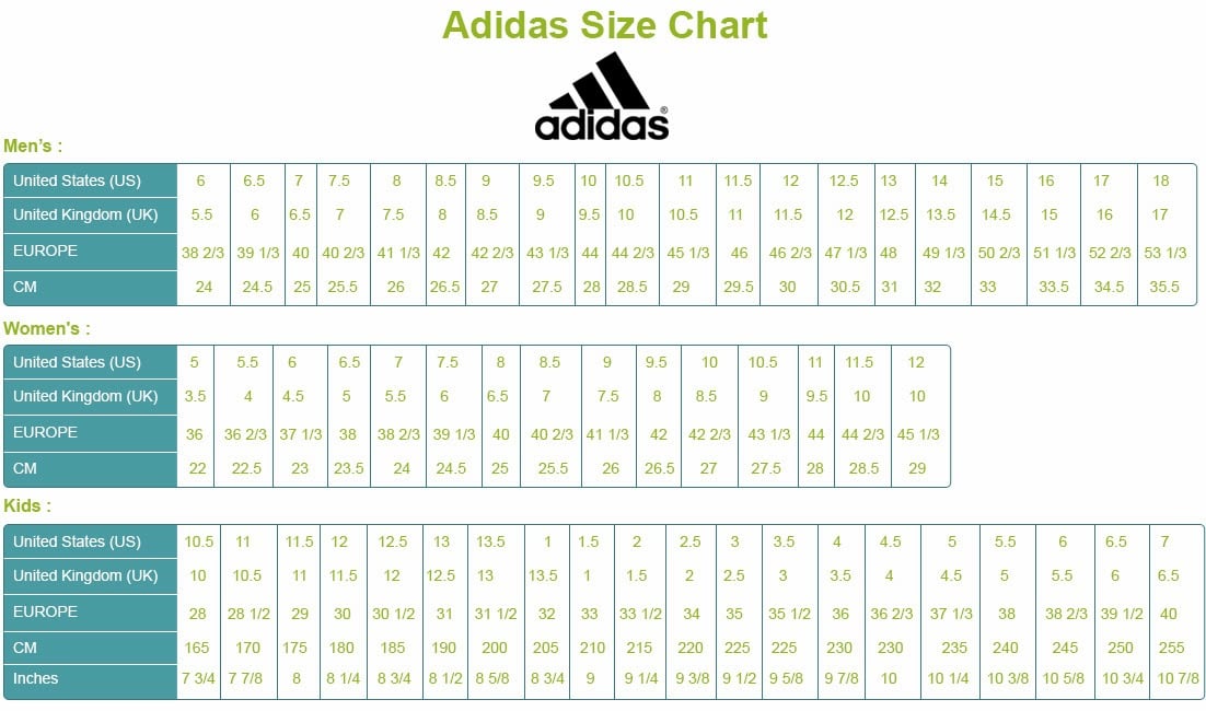 adidas printable shoe size chart