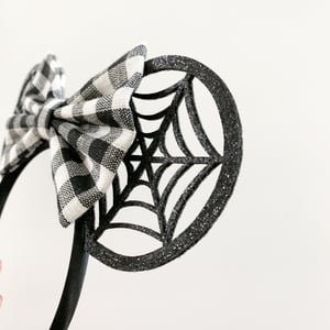 Image of Spiderweb Mouse Ears with Stripe and Gingham Bow