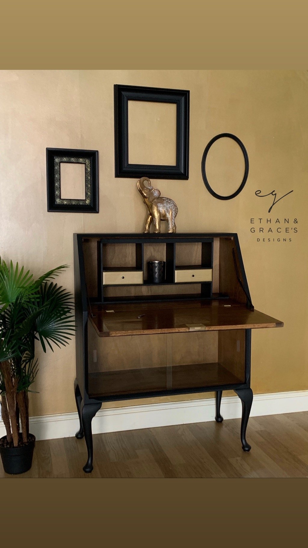 Image of Black wooden & gold bureau drinks cabinet 