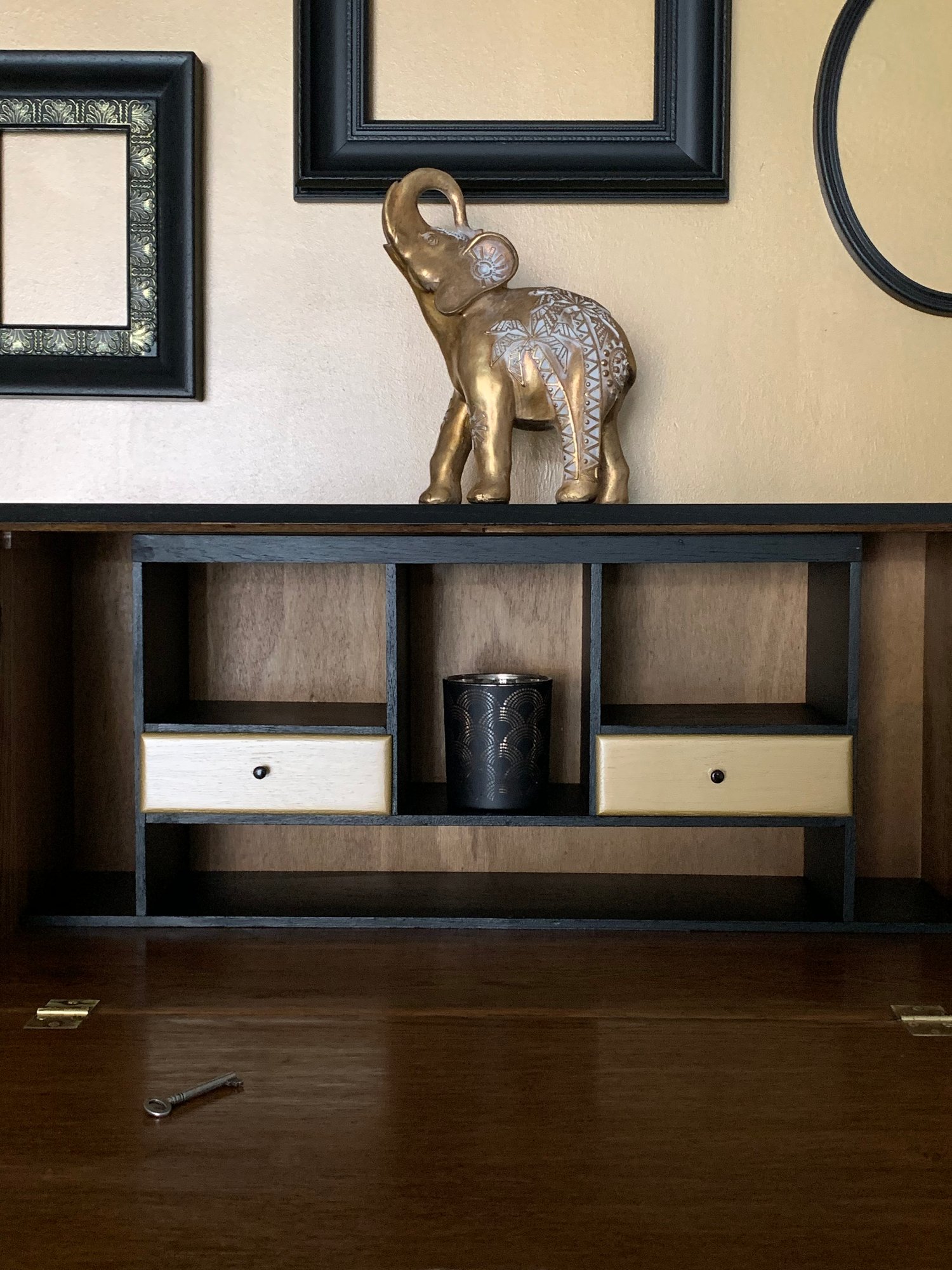 Image of Black wooden & gold bureau drinks cabinet 