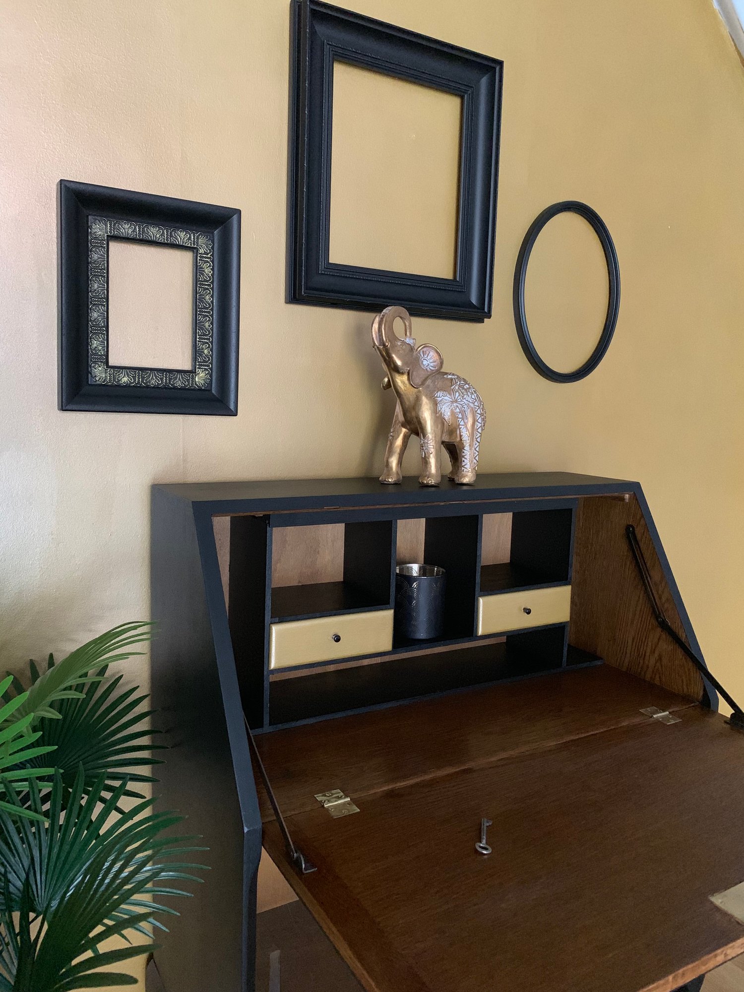 Image of Black wooden & gold bureau drinks cabinet 