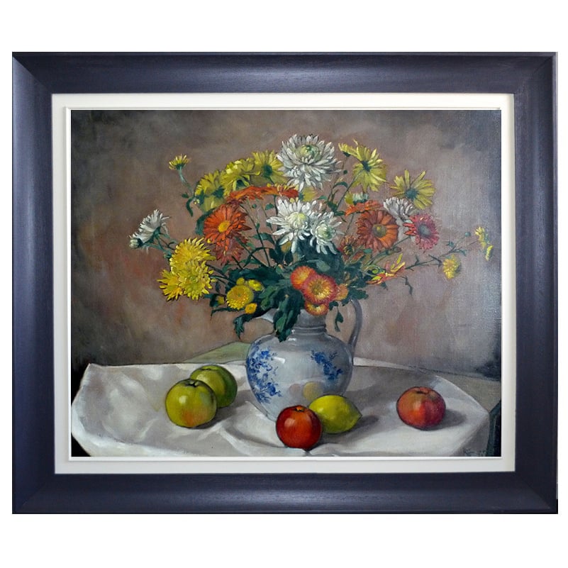 Image of 1957, French, Still Life Painting, 'Fruit and Flowers.'