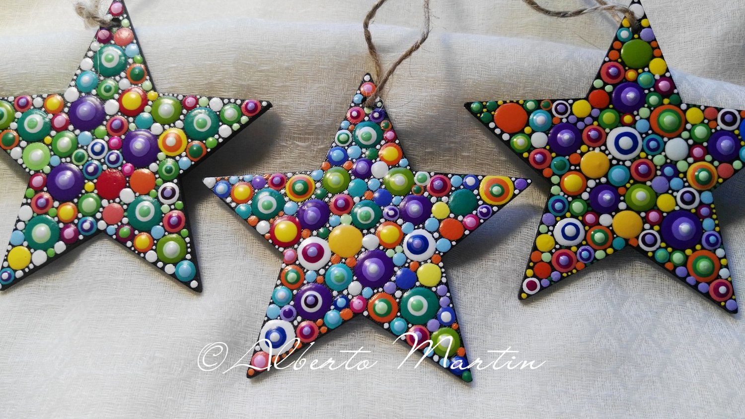 Image of Christmas Stars Tree Ornaments- Dot Art Christmas ornaments. Set of 3. 