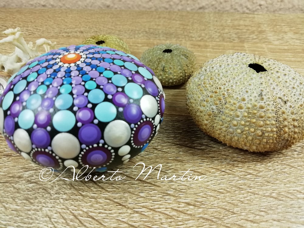 Image of Erizo de Mar- Sea Urchin Stone 2- Dot painted stone- Purple, blue- Mandalaole